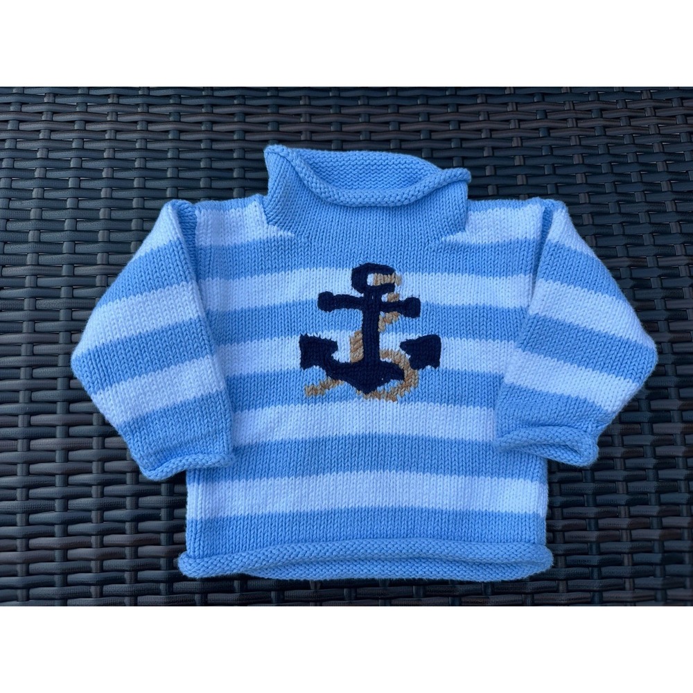 Claver Vintage Nautical Coastal Kids Mock Neck Sweater Light Blue White 12 month